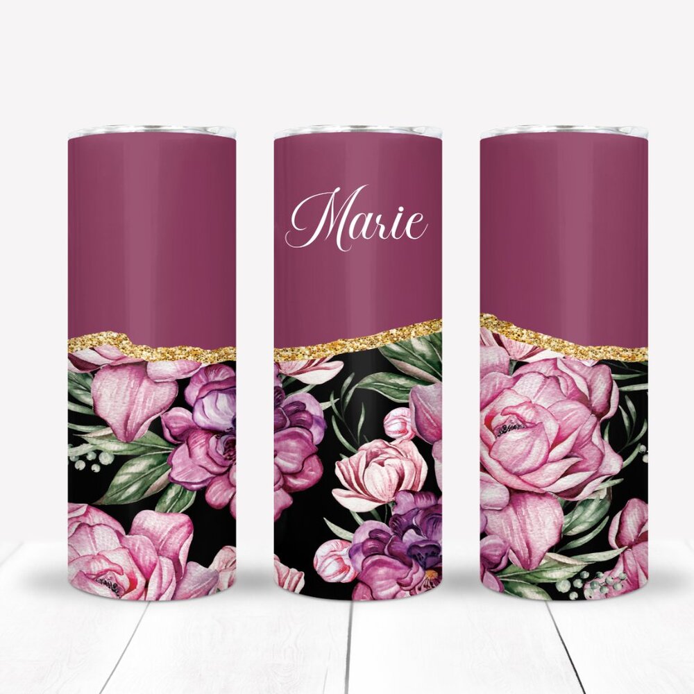 Custom Name Burgundy Tumbler, Floral Travel Mug